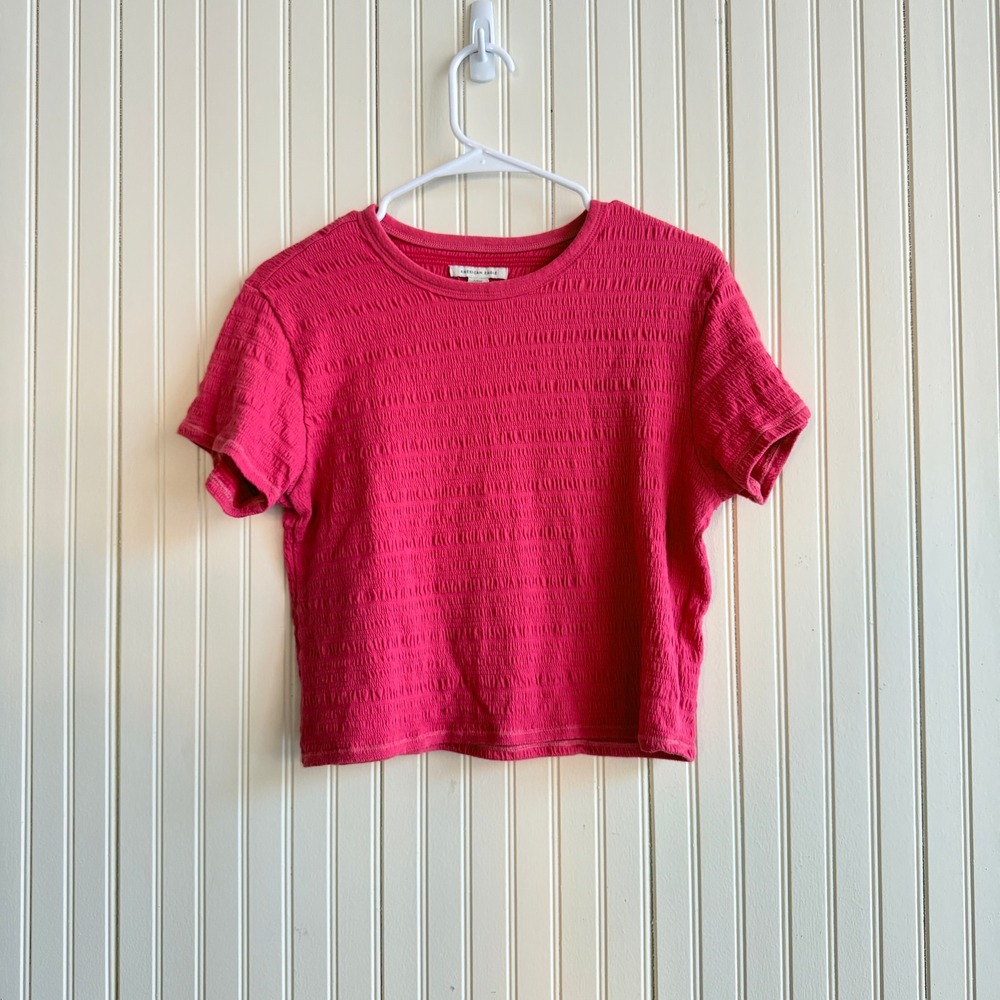 American Eagle Textured‎ Pink Crew Neck Casual Short Sleeve Cropped T  S